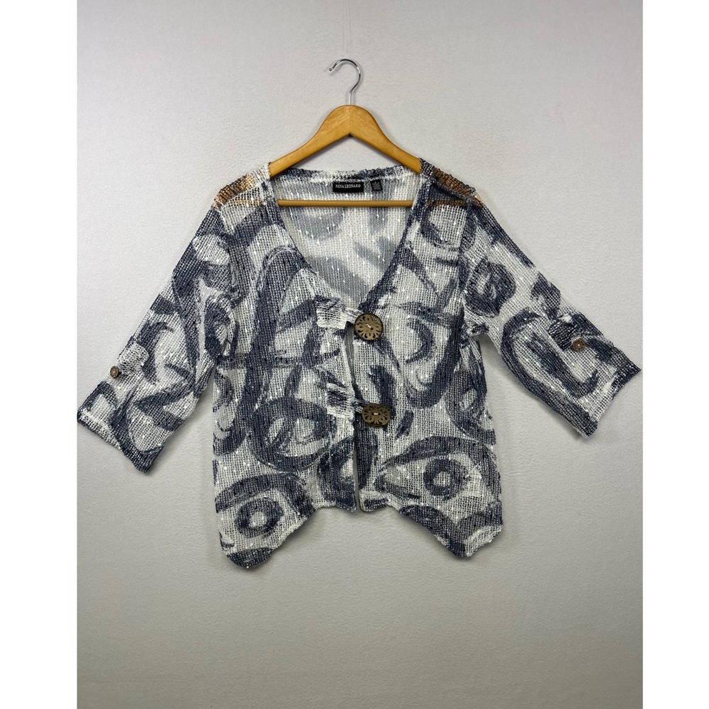 Artistic Boho Nina Leonard Womens Large‎ Navy White Sequin Mesh Knit Cardigan